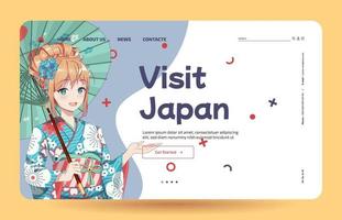 Anime manga girls in traditional Japanese kimono costume holding umbrella. Learn Japanese - Landing page template vector