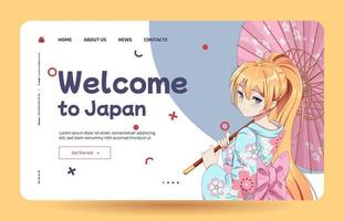 Anime manga girls in traditional Japanese kimono costume holding umbrella. Learn Japanese - Landing page template vector