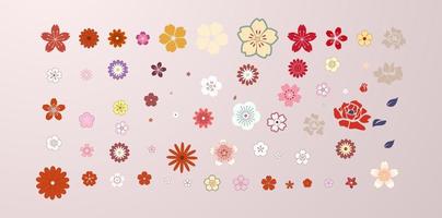 Flower blossom sakura set. Butou roses and leaves. Floral design of isolated on white background. Vector illustration on isolated background