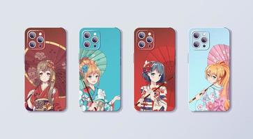 chicas anime manga en kimono y paraguas. diseño de funda de teléfono con estampado de colores. diseño de concepto para teléfono inteligente de funda y cubierta. ilustración vectorial