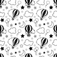 Vector seamless Pattern with Hot Air Balloons and clouds. Hand drawn illustration for baby textile or backdrop. Background with silhouettes of stars and crescent moon