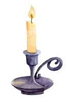 Watercolor Vintage Candlestick with yellow Candle with light orange Light. Hand drawn vector Illustration of Candlelight. Isolated object on white background for or Christmas, Halloween or New Year