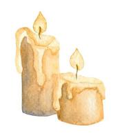 Watercolor Candles with Light yellow Flame. Hand painted vector illustration for Christmas or Halloween design. Drawing on white isolated background for New Year clipart