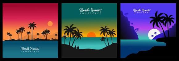 Set Dark palm trees silhouette on colorful tropical ocean sky and sunset background, vector illustration summer tropical.square social media.