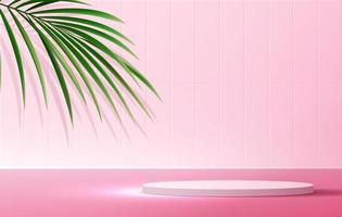 Cosmetic pink background and premium podium display for product presentation branding and packaging presentation. studio stage with shadow of leaf background. vector design