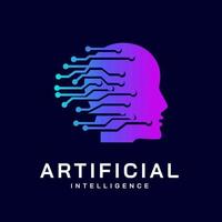 logo de inteligencia artificial, rostro humano, rejilla de circuito electrónico. símbolo dinámico de línea y punto con cabeza humana. icono de servicio de asistente virtual. aprendizaje automático, cerebro digital y proceso de pensamiento vector