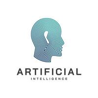 inteligencia artificial y plantilla de logotipo de rostro humano. circuito electrónico de rejilla, líneas dinámicas y símbolo de puntos con cabeza humana y diseño de vectores de comunicación.