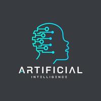 Artificial intelligence and human face logo template. Grid electronic circuit and communication vector design. Neural network, conceptual sign and logo. Analytical system. Technology Illustration