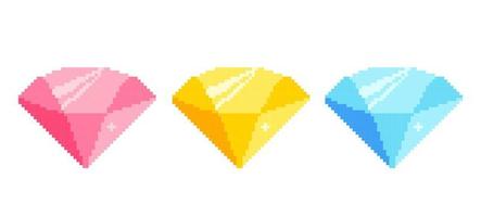 Vector icons of colorful gems in pixel art style.