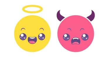 vector set emoji de ángel y demonio en estilo kawaii. iconos vectoriales de caras positivas y negativas.