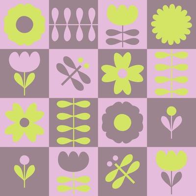 Aesthetic seamless pattern with tulip flowers and dragonflies.