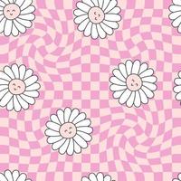 Groovy seamless pattern with chamomile flowers in 1970 style. vector