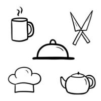 Doodle linda herramienta de cocina. ilustración vectorial de dibujos animados de sombrero de chef. conjunto de iconos de cocina aislado sobre fondo blanco vector