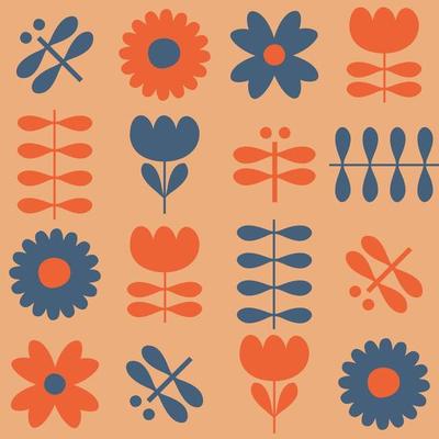 Geometric seamless pattern with tulip flowers and dragonflies.