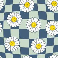 Trippy checkerboard seamless pattern with chamomile flowers. Childish abstract print with happy emotions. vector