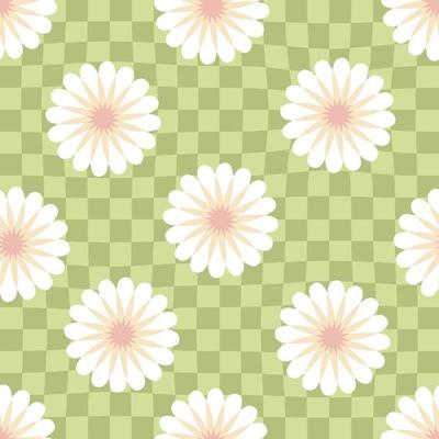 Checkered seamless pattern with abstract flowers in 1970 style.