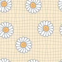 Trippy grid seamless pattern with daisy flowers in 1960 style. vector