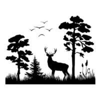 A black silhouette of a deer standing among the trees on the grass. Vector illustration of a forest with pine tree.