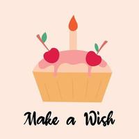 Congratulations Make a Wish lettering with cupcake. Calligraphy design for postcard poster graphics. Simple vector Happy birthday card colored element. Party decor cake with candle.