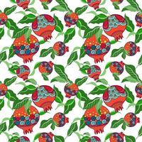 Colorful Pomegranate fruit with geometric pattern and green leaves in seamless pattern style. Texture, wrapper, pattern or printing. Flat vector image.
