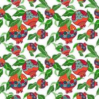 Colorful Pomegranate fruit with geometric pattern and green leaves in seamless pattern style. Texture, wrapper, pattern or printing. Flat vector image.