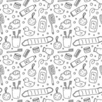 Seamless pattern with bath accessories - shampoo, rubber duck, loofah, soap, cream, hair dryer, toothbrush. Vector hand-drawn illustration in doodle style. Perfect for print, wrapping paper, wallpaper