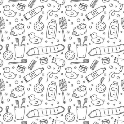 Seamless pattern with bath accessories - shampoo, rubber duck, loofah,  soap, cream, towel, toothpaste, toothbrush. Vector hand-drawn illustration  in doodle style. Perfect for print, wrapping paper. 10838704 Vector Art at  Vecteezy