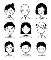 Set of cute people's faces in doodle style. Portraits of happy young girls and boys isolated on white background. Perfect for social media, avatars.Vector hand-drawn illustration of cartoon characters vector