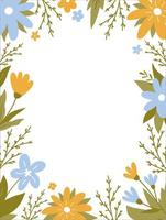 Frame with cute flowers and leaves. Botanical background. Perfect for decorations, greeting cards, invitations. Vector illustration in hand-drawn flat style.Vertical card template with space for text