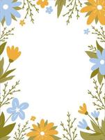 marco con lindas flores y hojas. fondo botánico. perfecto para decoraciones, tarjetas de felicitación, invitaciones. ilustración vectorial en estilo plano dibujado a mano.plantilla de tarjeta vertical con espacio para texto vector