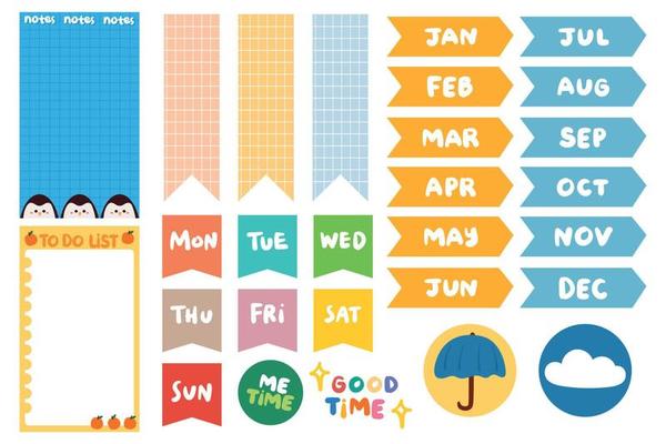 collection of weekly and daily planner sticker, notes, to do list, with lettering and cute icon. template for agenda, check list, stationery
