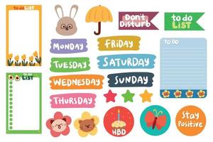 collection of weekly and daily planner sticker, notes, to do list, with lettering and cute icon. template for agenda, check list, stationery