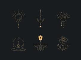 Set of moon and sun line art. Minimal boho linear symbols. Celestial mystic element. Vector line art illustration.