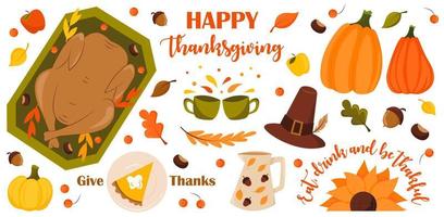 Happy Thanksgiving. Set of isolated vector illustrations, stickers for card, poster, flyer, web, print. Autumn Elements.