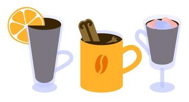 café y cacao en una taza y una copa de vidrio con canela, clavo, rodaja de naranja y malvavisco vector