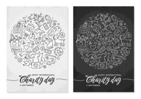 International Day of Charity and donations vector doodle poster or cards. Animal help, clothing, food and medicine, blood donation and awareness ribbon
