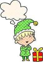 cartoon happy christmas elf and thought bubble in comic book style vector