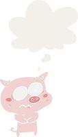 cartoon nervous pig and thought bubble in retro style vector