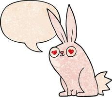 cartoon bunny rabbit in love and speech bubble in retro texture style vector