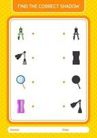 Find the correct shadows game with summer icon. worksheet for preschool kids, kids activity sheet vector