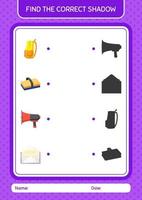 Find the correct shadows game with summer icon. worksheet for preschool kids, kids activity sheet vector