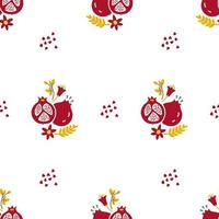 Seamless pattern with hand drawn pomegranates and flowers on white background vector