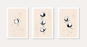 Cotton flowers and abstract plants wall art set. Minimalist elegant design for poster, postcard, wallpaper, cover vector