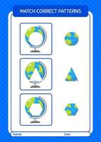 Match pattern game with globe. worksheet for preschool kids, kids activity sheet vector