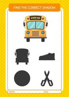 Find the correct shadows game with school bus. worksheet for preschool kids, kids activity sheet vector