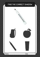 Find the correct shadows game with whiteboard marker. worksheet for preschool kids, kids activity sheet vector