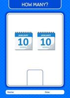 How many counting game with calendar. worksheet for preschool kids, kids activity sheet vector