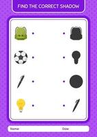 Find the correct shadows game with summer icon. worksheet for preschool kids, kids activity sheet vector