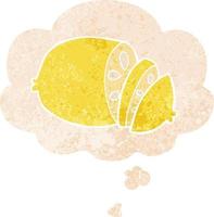 cartoon sliced lemon and thought bubble in retro textured style vector