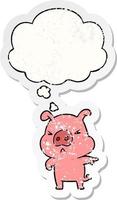cartoon angry pig and thought bubble as a distressed worn sticker vector